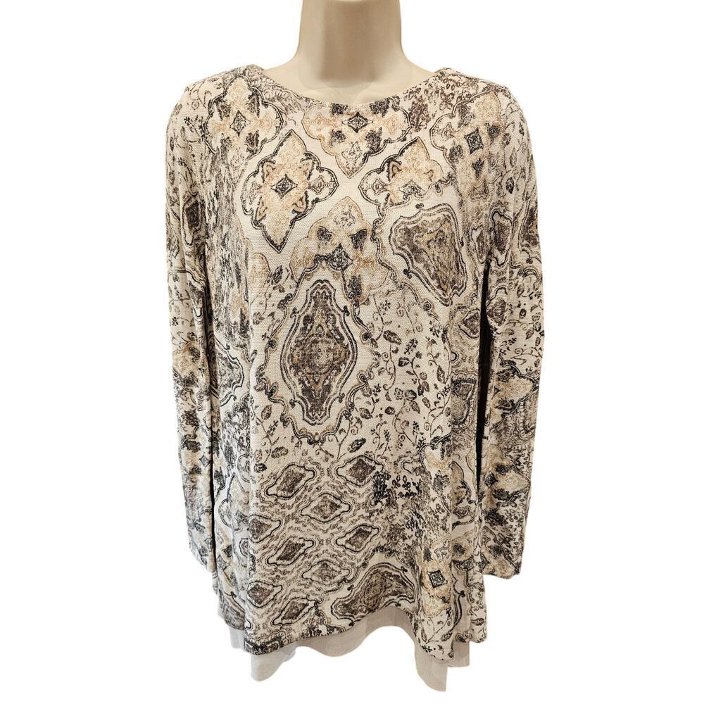 J jill double layer tunic long sleeve knit top paisley coquette neutral XS (OS)